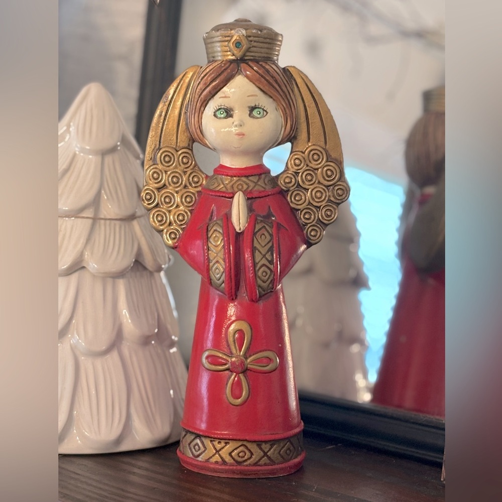 Vintage 70’s Ardco Angel Figurine. Paper Mache | MCM | Red Gold 10” | Holiday